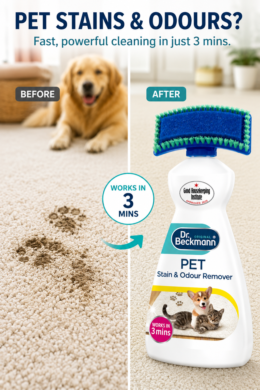 Pet Stain & Odour Remover with Built-In Cleaning Brush