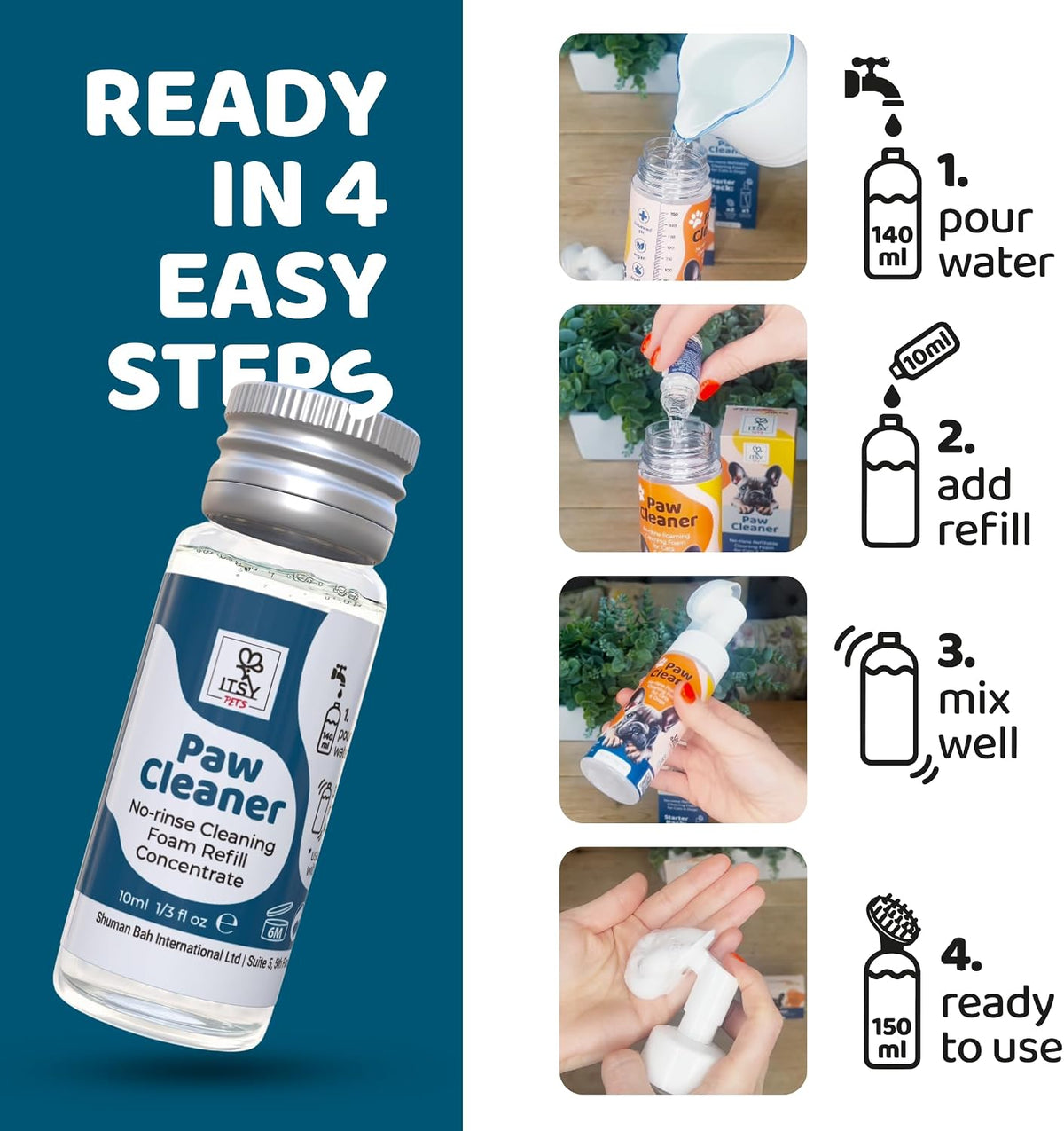 Refillable Paw Cleaner for Dogs & Cats - No Rinse Foam with Reusable Bottle, 2 Silicone Brush Heads & Concentrate Refill - Paw Wash for All Breeds (Starter Pack)