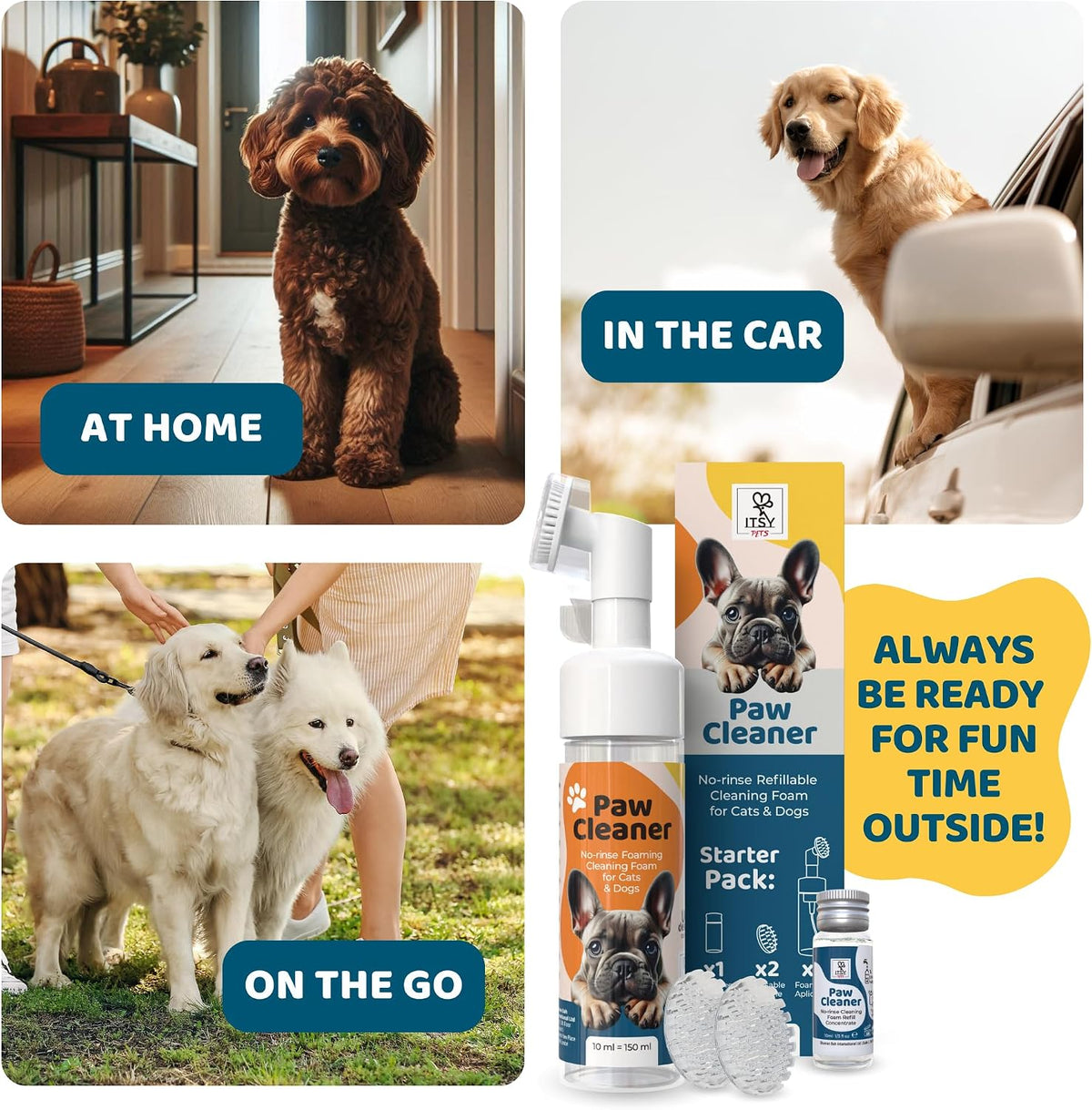 Refillable Paw Cleaner for Dogs & Cats - No Rinse Foam with Reusable Bottle, 2 Silicone Brush Heads & Concentrate Refill - Paw Wash for All Breeds (Starter Pack)