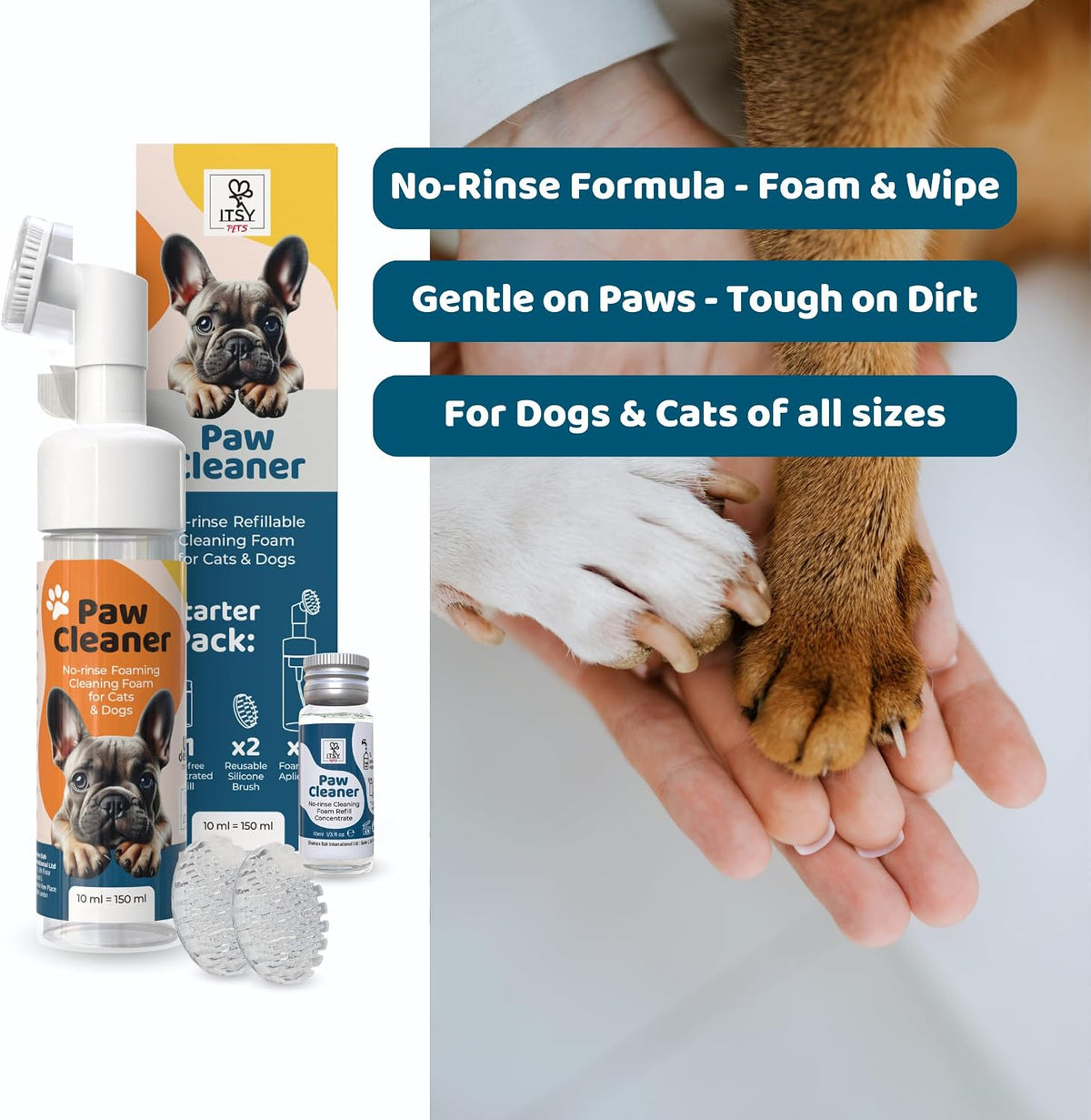Refillable Paw Cleaner for Dogs & Cats - No Rinse Foam with Reusable Bottle, 2 Silicone Brush Heads & Concentrate Refill - Paw Wash for All Breeds (Starter Pack)