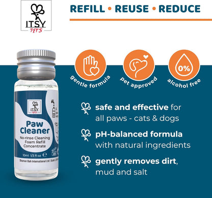 Refillable Paw Cleaner for Dogs & Cats - No Rinse Foam with Reusable Bottle, 2 Silicone Brush Heads & Concentrate Refill - Paw Wash for All Breeds (Starter Pack)