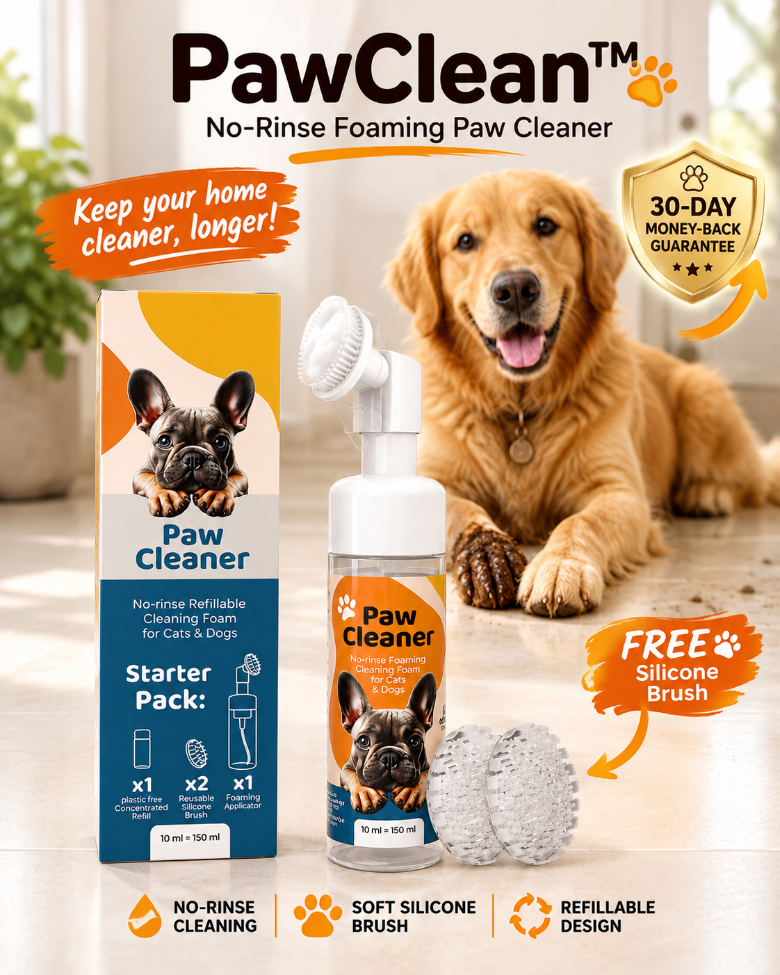 PawClean™  No-Rinse Paw Cleaner for Dogs & Cats | Refillable Foaming Paw Wash